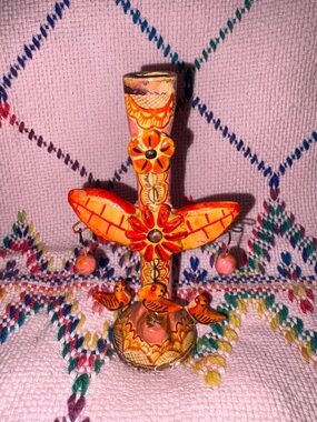 Vintage Mexican Folk Art Tree of Life Pottery Candelabra